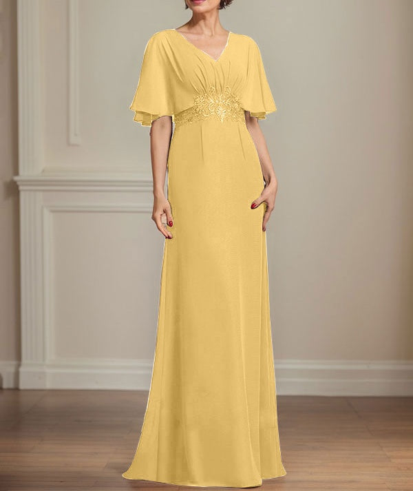 A-line V-Neck Floor-Length Chiffon Mother of the Bride Dress With Pleated Sequins Appliques Lace