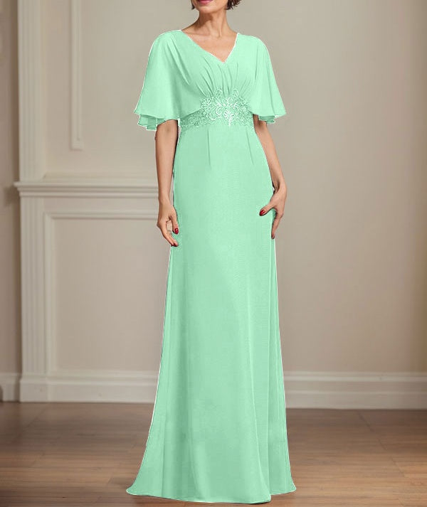 A-line V-Neck Floor-Length Chiffon Mother of the Bride Dress With Pleated Sequins Appliques Lace