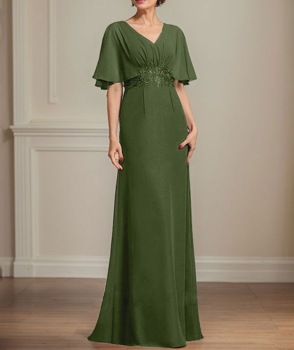 A-line V-Neck Floor-Length Chiffon Mother of the Bride Dress With Pleated Sequins Appliques Lace
