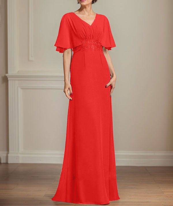 A-line V-Neck Floor-Length Chiffon Mother of the Bride Dress With Pleated Sequins Appliques Lace
