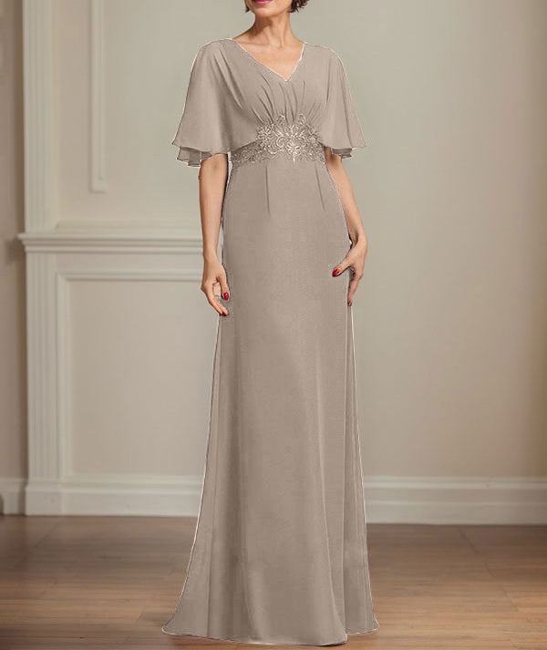 A-line V-Neck Floor-Length Chiffon Mother of the Bride Dress With Pleated Sequins Appliques Lace
