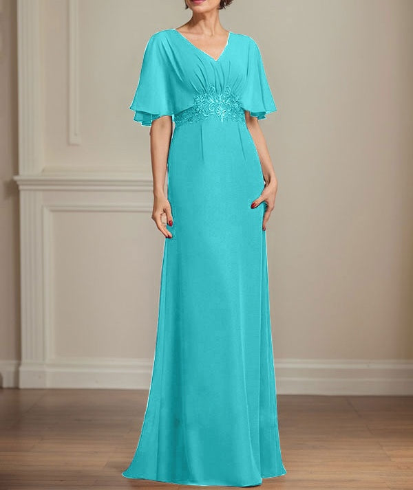 A-line V-Neck Floor-Length Chiffon Mother of the Bride Dress With Pleated Sequins Appliques Lace