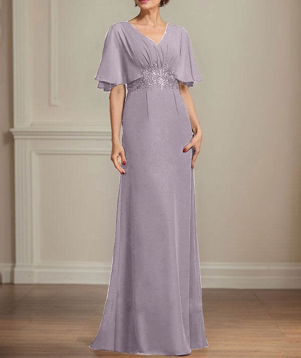 A-line V-Neck Floor-Length Chiffon Mother of the Bride Dress With Pleated Sequins Appliques Lace