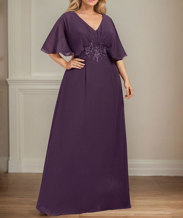 A-line V-Neck Floor-Length Chiffon Mother of the Bride Dress With Pleated Sequins Appliques Lace