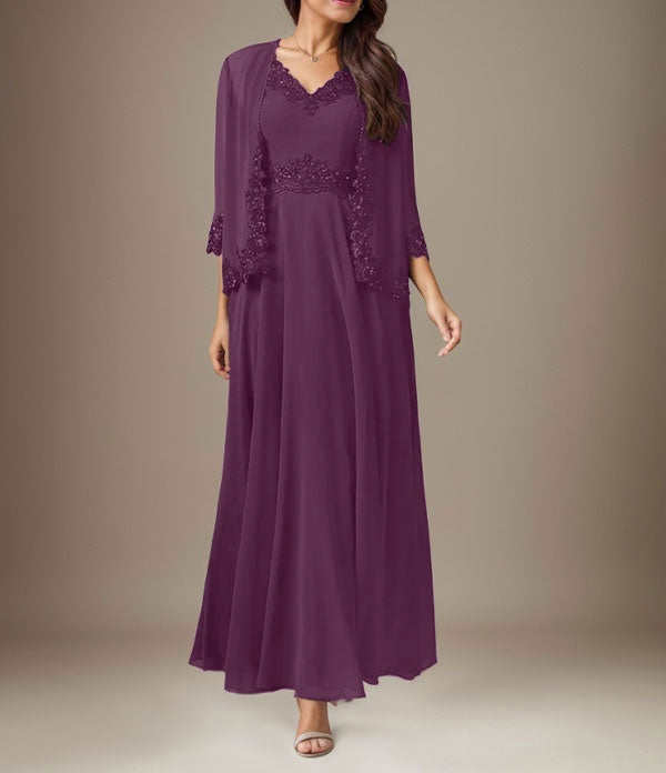 Plum A-Line Sequins Chiffon Dress
