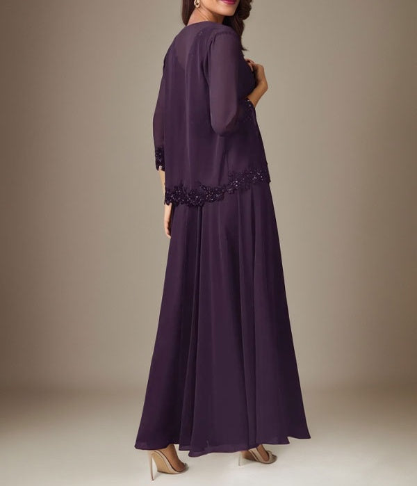Plum A-Line Sequins Chiffon Dress