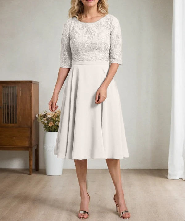 A-line Scoop Knee-Length Lace Chiffon Mother of the Bride Dress
