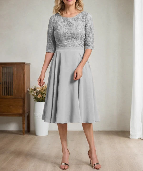 A-line Scoop Knee-Length Lace Chiffon Mother of the Bride Dress