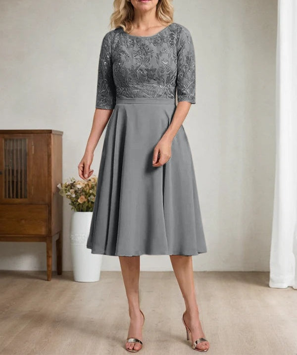 A-line Scoop Knee-Length Lace Chiffon Mother of the Bride Dress
