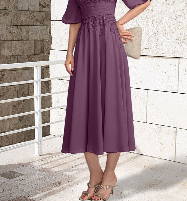 A-line V-Neck Tea-Length Lace Chiffon Mother of the Bride Dress With Pleated