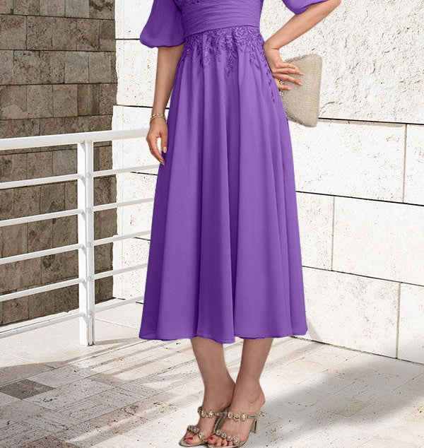 A-line V-Neck Tea-Length Lace Chiffon Mother of the Bride Dress With Pleated