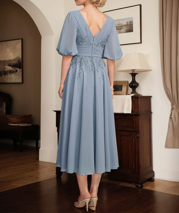 A-line V-Neck Tea-Length Lace Chiffon Mother of the Bride Dress With Pleated