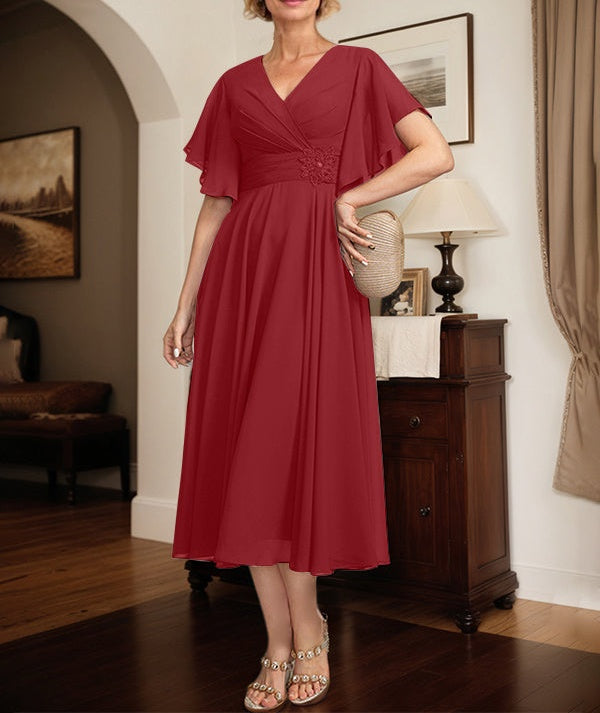 A-line V-Neck Tea-Length Chiffon Mother of the Bride Dress With Pleated Beading