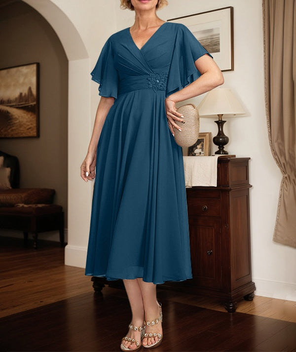 A-line V-Neck Tea-Length Chiffon Mother of the Bride Dress With Pleated Beading