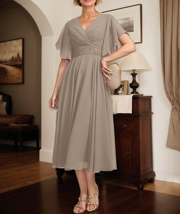 A-line V-Neck Tea-Length Chiffon Mother of the Bride Dress With Pleated Beading