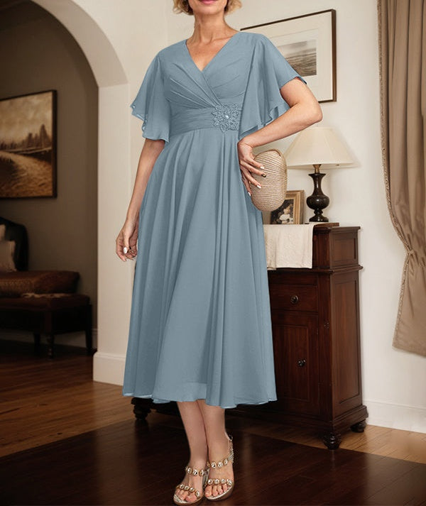 A-line V-Neck Tea-Length Chiffon Mother of the Bride Dress With Pleated Beading