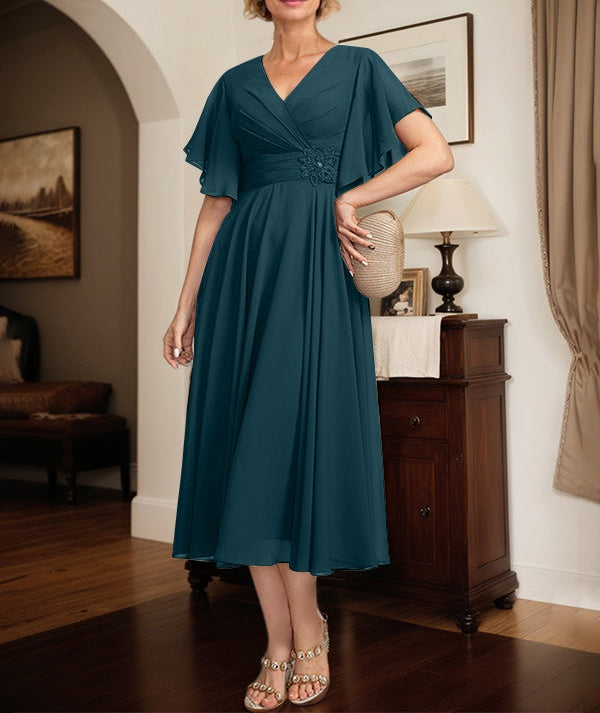 A-line V-Neck Tea-Length Chiffon Mother of the Bride Dress With Pleated Beading