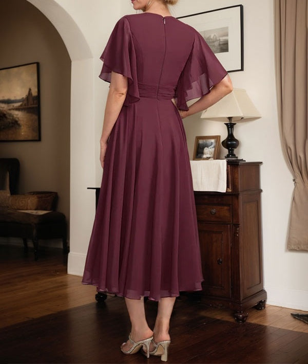 A-line V-Neck Tea-Length Chiffon Mother of the Bride Dress With Pleated Beading