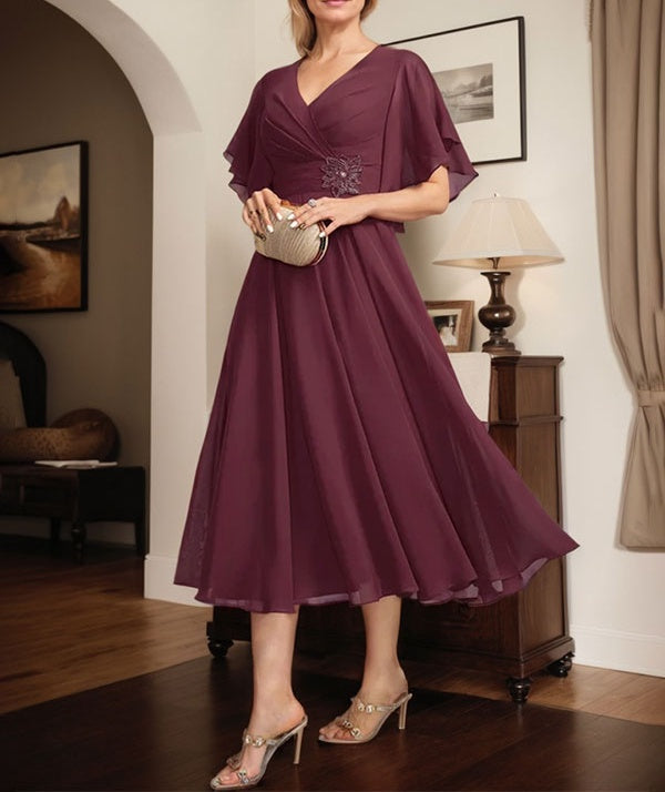 A-line V-Neck Tea-Length Chiffon Mother of the Bride Dress With Pleated Beading