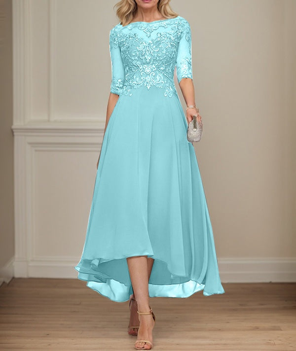 A-line Boat Neck Illusion Asymmetrical Chiffon Lace Mother of the Bride Dress With Sequins Beading