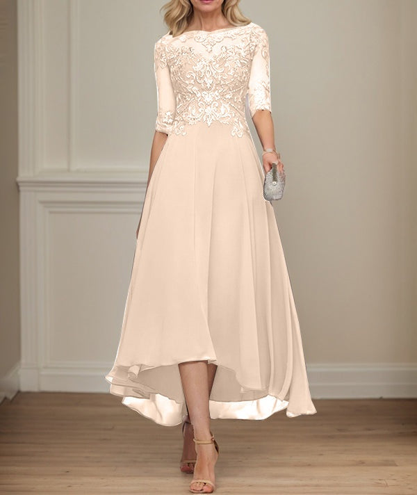 A-line Boat Neck Illusion Asymmetrical Chiffon Lace Mother of the Bride Dress With Sequins Beading