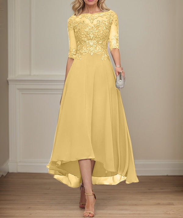 A-line Boat Neck Illusion Asymmetrical Chiffon Lace Mother of the Bride Dress With Sequins Beading