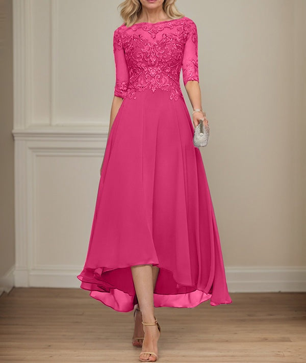 A-line Boat Neck Illusion Asymmetrical Chiffon Lace Mother of the Bride Dress With Sequins Beading