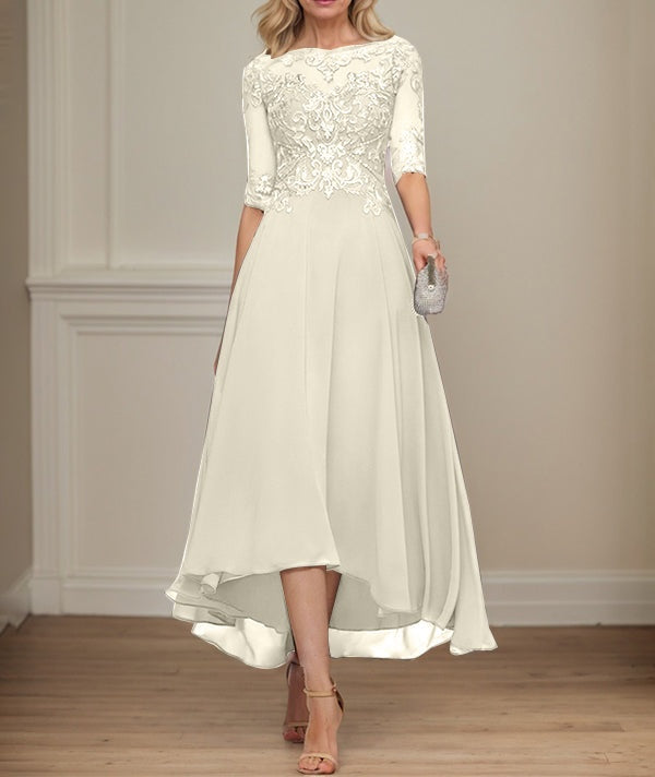 A-line Boat Neck Illusion Asymmetrical Chiffon Lace Mother of the Bride Dress With Sequins Beading