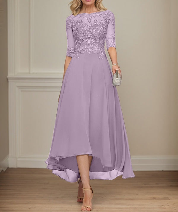 A-line Boat Neck Illusion Asymmetrical Chiffon Lace Mother of the Bride Dress With Sequins Beading