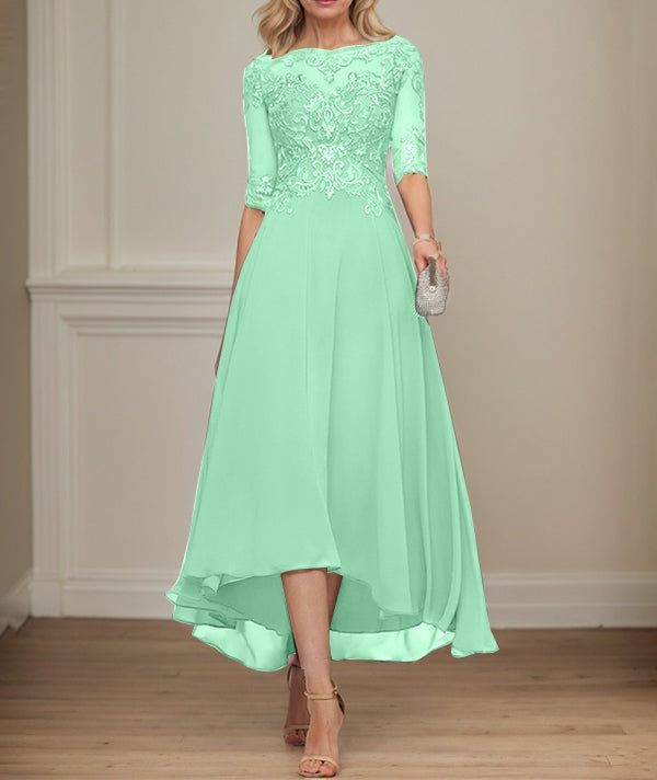 A-line Boat Neck Illusion Asymmetrical Chiffon Lace Mother of the Bride Dress With Sequins Beading