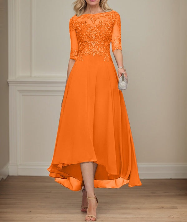 A-line Boat Neck Illusion Asymmetrical Chiffon Lace Mother of the Bride Dress With Sequins Beading