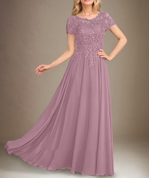 A-Line Scoop Floor-Length Chiffon Mother of the Bride Dress With Applique & Sequins