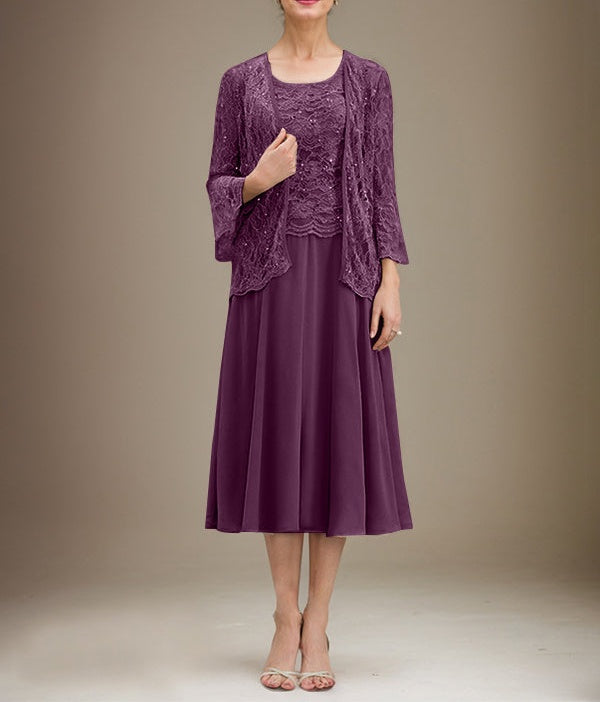 A-line Scoop Tea-Length Lace Chiffon Mother of the Bride Dress With Sequins