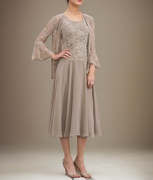 A-line Scoop Tea-Length Lace Chiffon Mother of the Bride Dress With Sequins