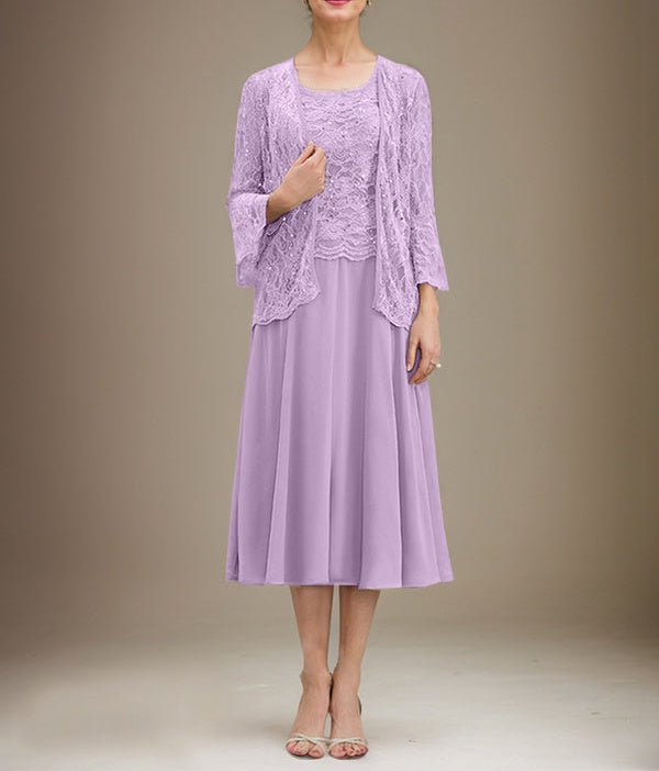 A-line Scoop Tea-Length Lace Chiffon Mother of the Bride Dress With Sequins