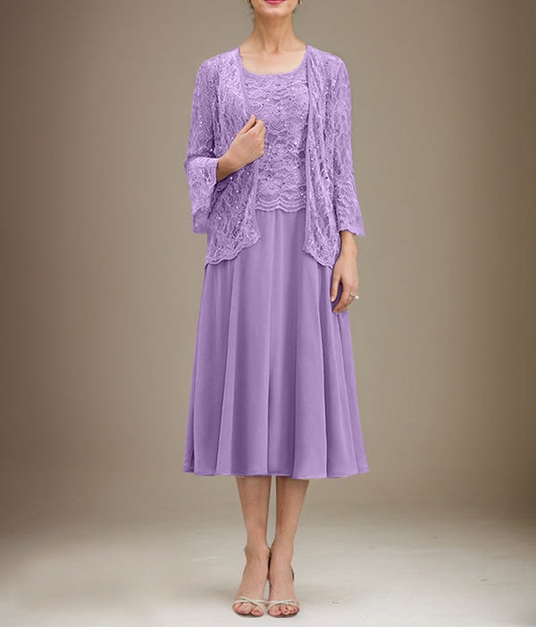 A-line Scoop Tea-Length Lace Chiffon Mother of the Bride Dress With Sequins