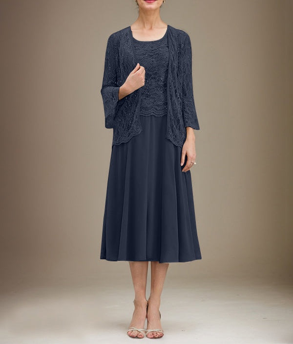 A-line Scoop Tea-Length Lace Chiffon Mother of the Bride Dress With Sequins