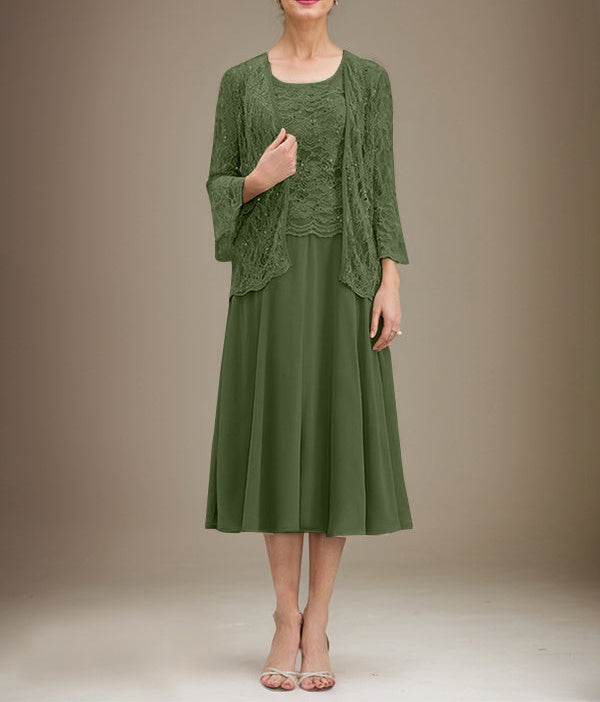 A-line Scoop Tea-Length Lace Chiffon Mother of the Bride Dress With Sequins
