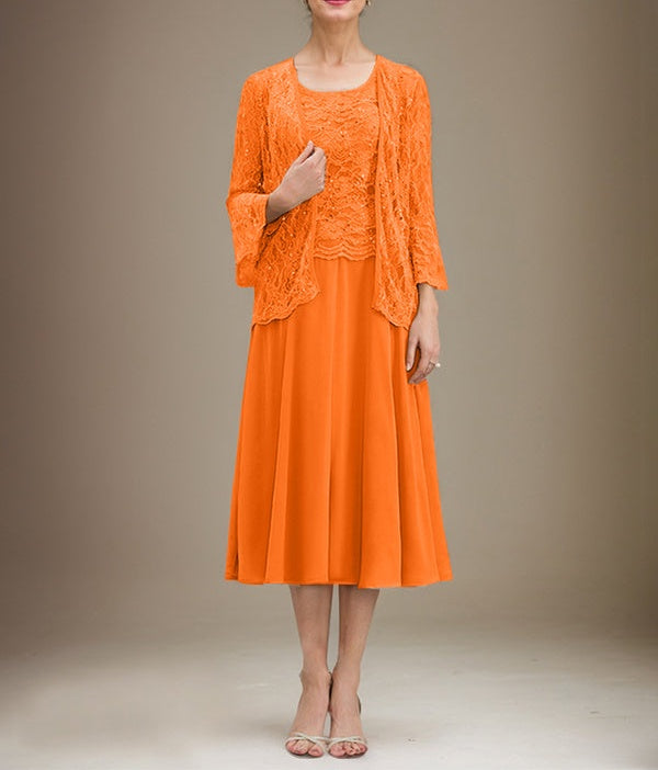 A-line Scoop Tea-Length Lace Chiffon Mother of the Bride Dress With Sequins
