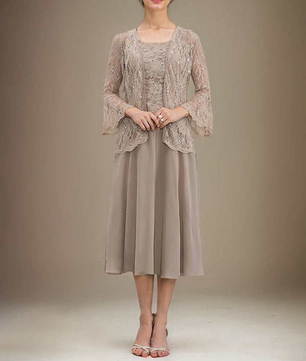 A-line Scoop Tea-Length Lace Chiffon Mother of the Bride Dress With Sequins