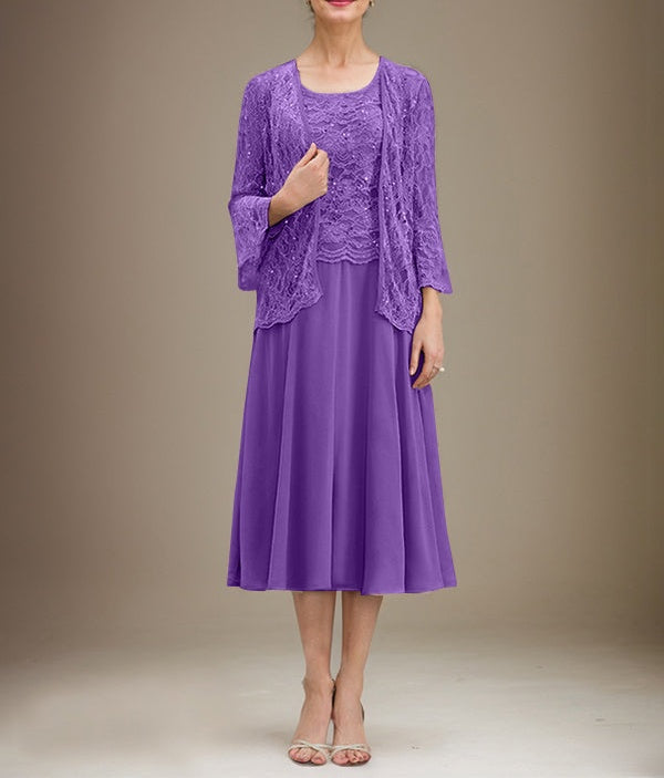 A-line Scoop Tea-Length Lace Chiffon Mother of the Bride Dress With Sequins