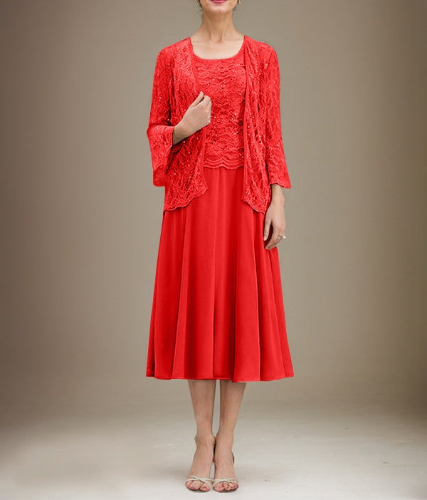 A-line Scoop Tea-Length Lace Chiffon Mother of the Bride Dress With Sequins