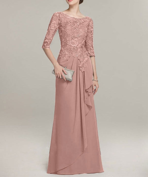 A-line Scoop Illusion Floor-Length Lace Chiffon Mother of the Bride Dress With Cascading Ruffles