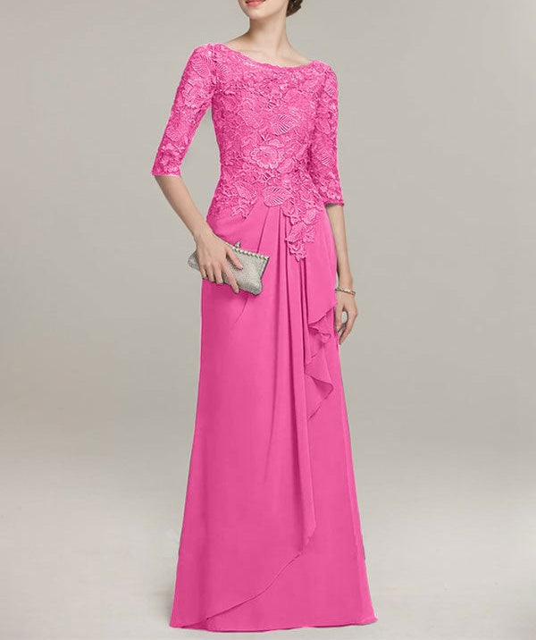 A-line Scoop Illusion Floor-Length Lace Chiffon Mother of the Bride Dress With Cascading Ruffles