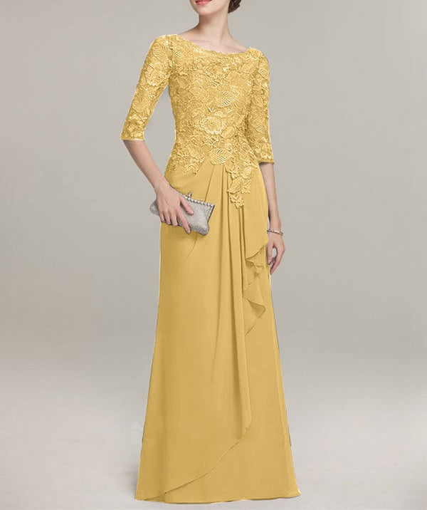 A-line Scoop Illusion Floor-Length Lace Chiffon Mother of the Bride Dress With Cascading Ruffles