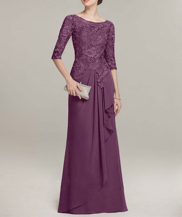 A-line Scoop Illusion Floor-Length Lace Chiffon Mother of the Bride Dress With Cascading Ruffles