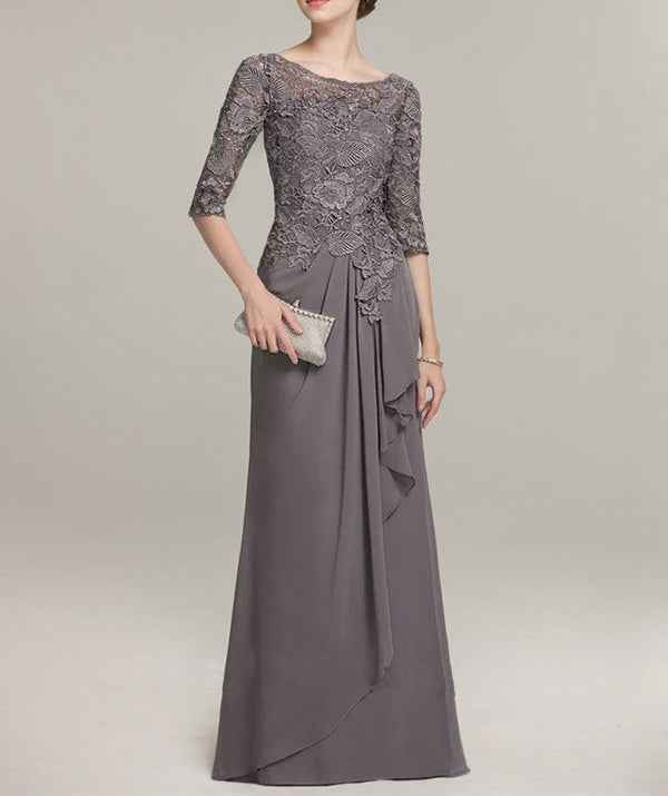 A-line Scoop Illusion Floor-Length Lace Chiffon Mother of the Bride Dress With Cascading Ruffles