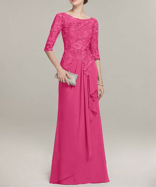 A-line Scoop Illusion Floor-Length Lace Chiffon Mother of the Bride Dress With Cascading Ruffles