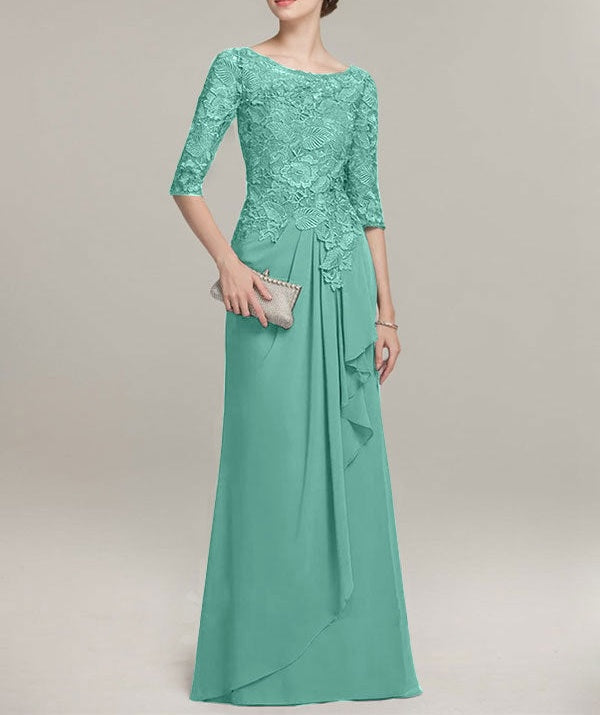 A-line Scoop Illusion Floor-Length Lace Chiffon Mother of the Bride Dress With Cascading Ruffles