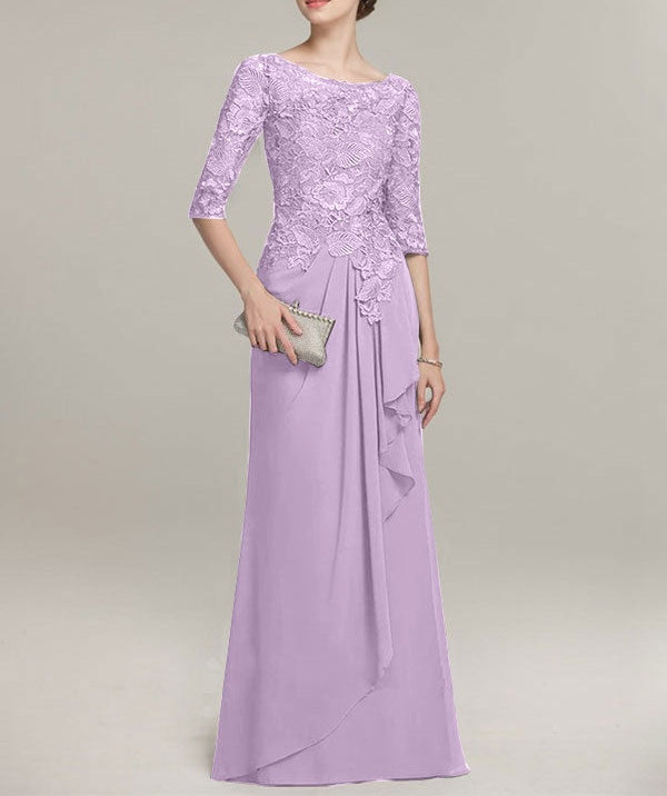 A-line Scoop Illusion Floor-Length Lace Chiffon Mother of the Bride Dress With Cascading Ruffles